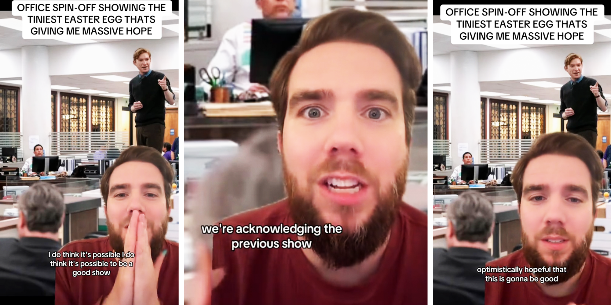 3 Panel image, Man in red sweater making comments about tv show