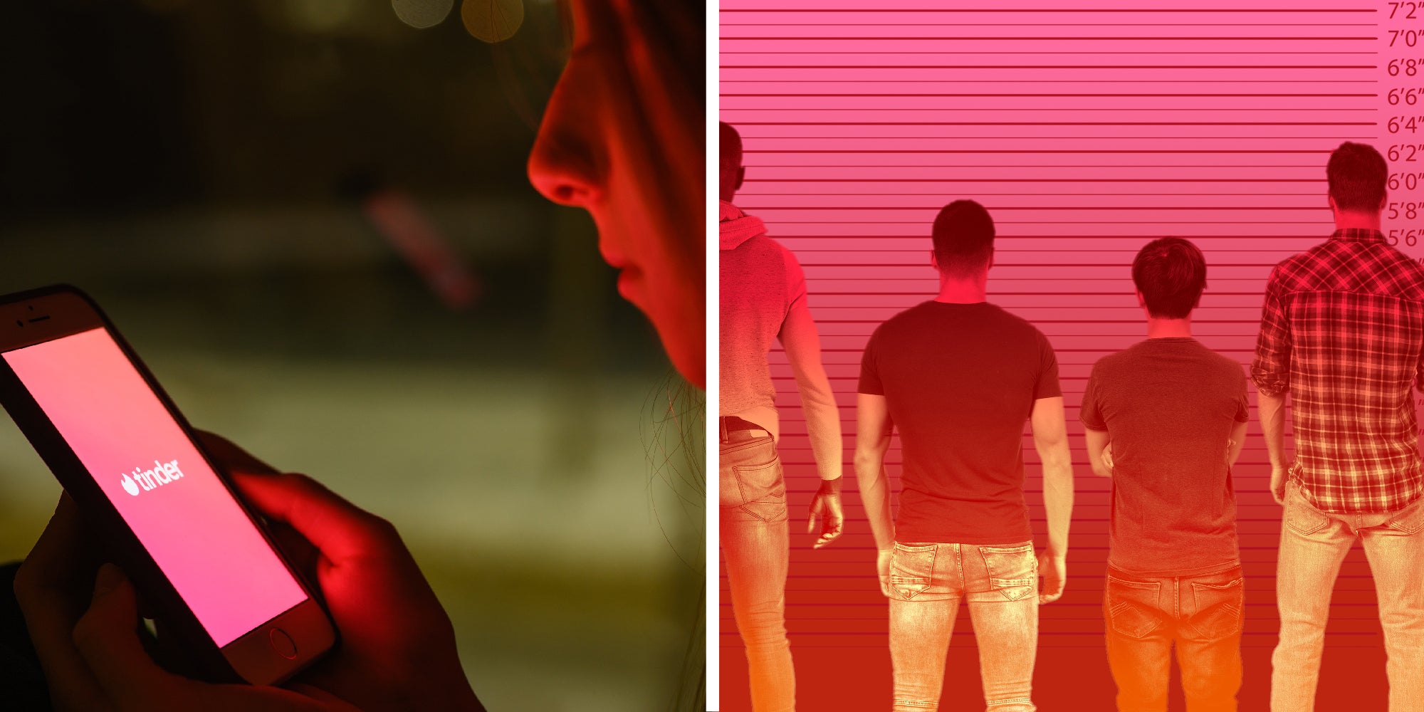 2 panel image of a person using the Tinder app and a group of people standing in front of a height chart.