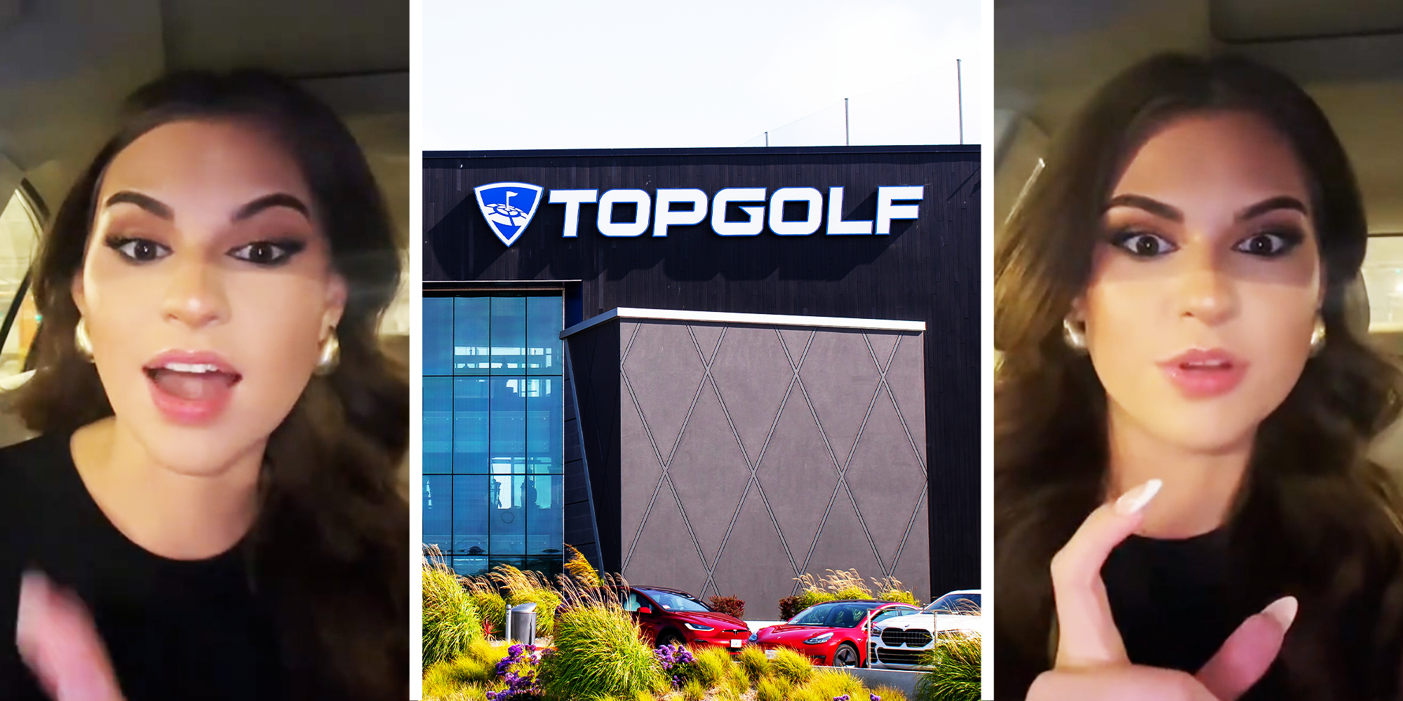 3 Panel Image, girl in her cart and top golf building front