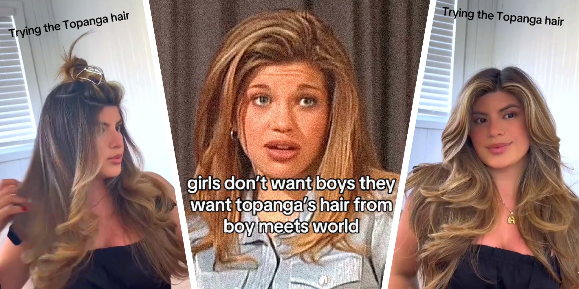 3 panel image showing the original character and hairstyle along with people trying to copy the look.