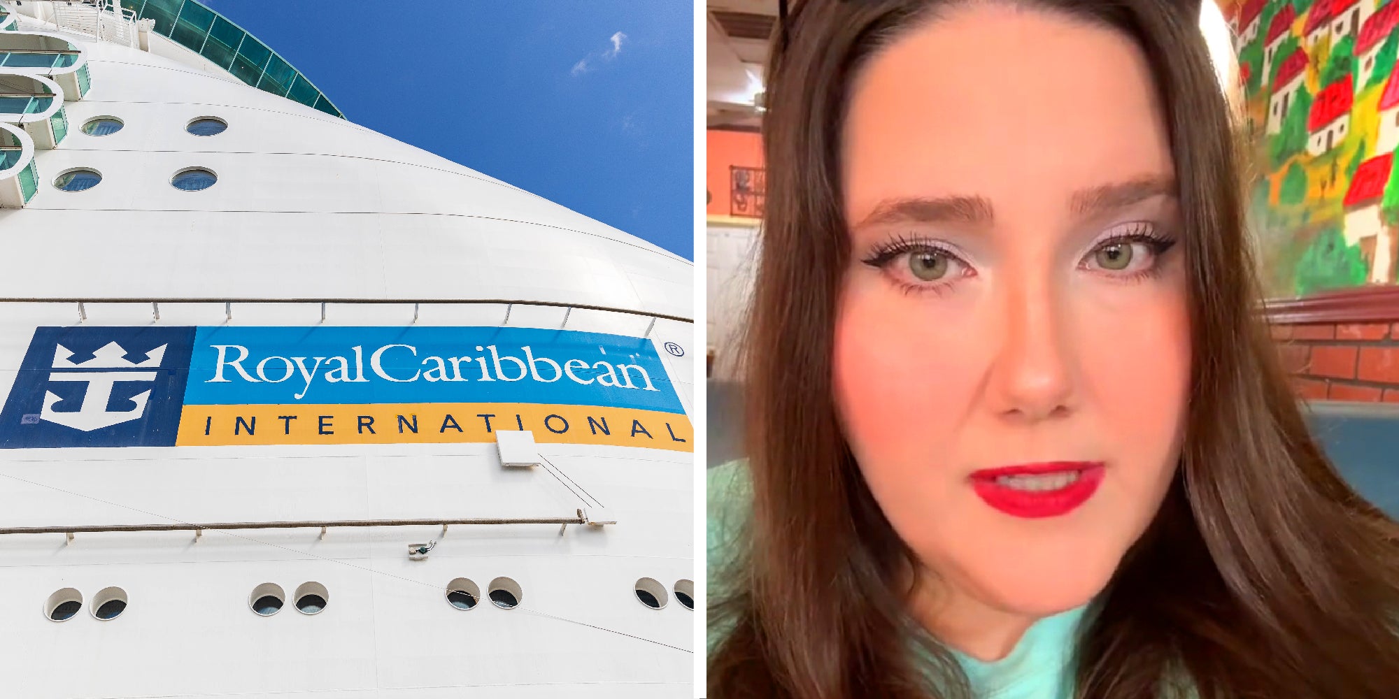 2 panel image of a Royal Carribean cruise ship and a person explaining.