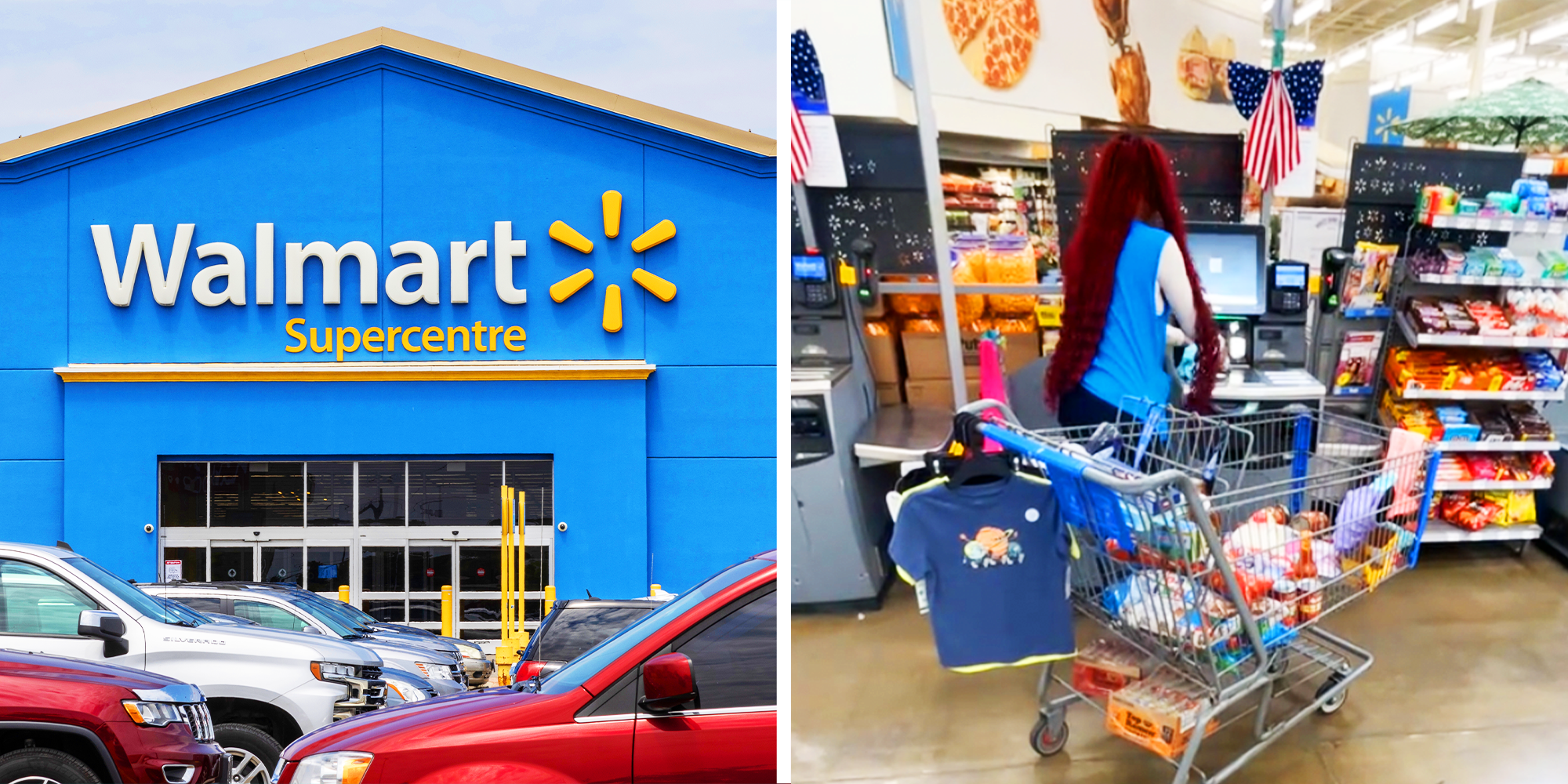 2 panel image of Walmart store and clerk scanning items in the store