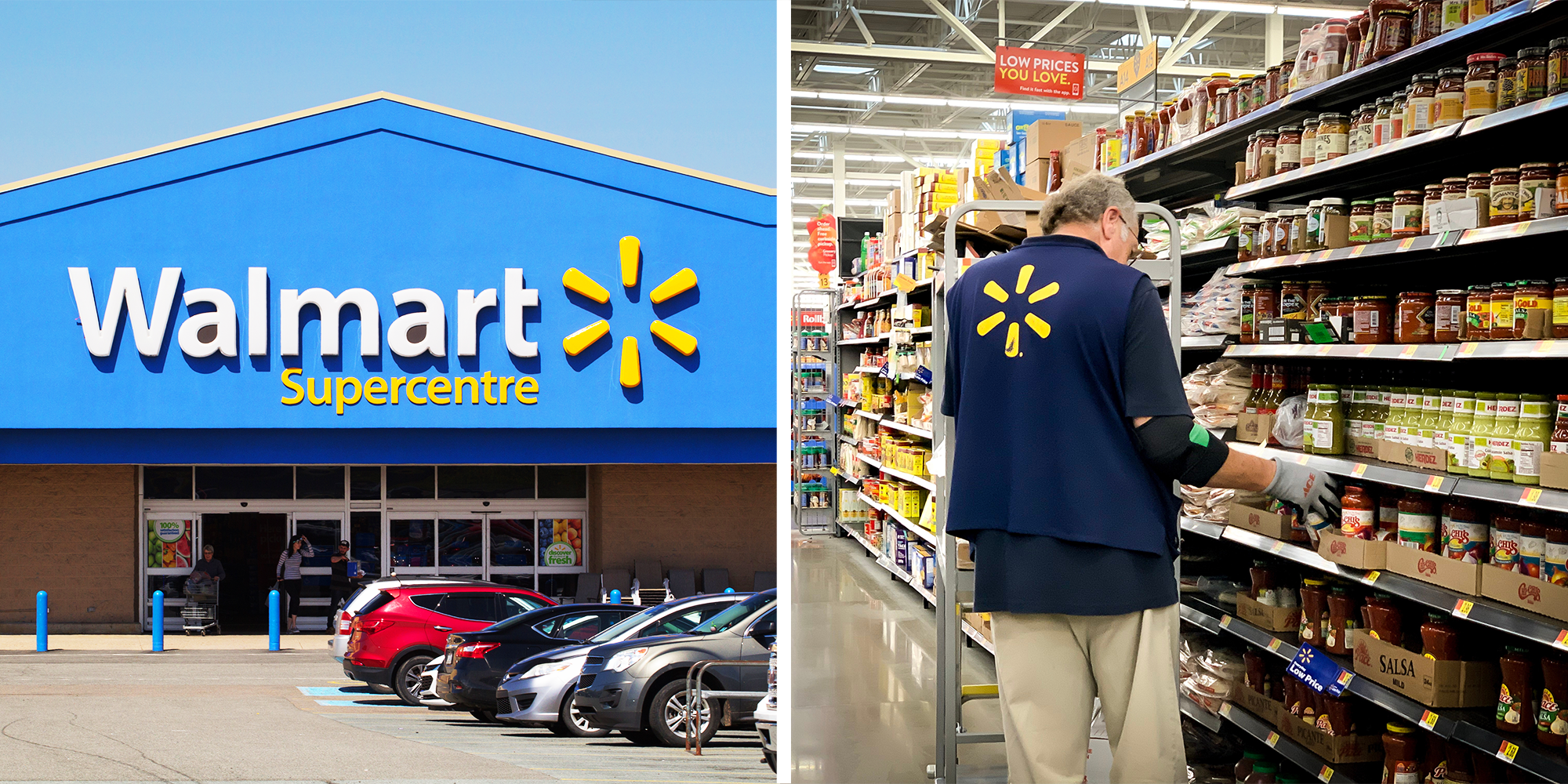 2 Panel Image of Walmart Store Front, and elderly Walmart employee