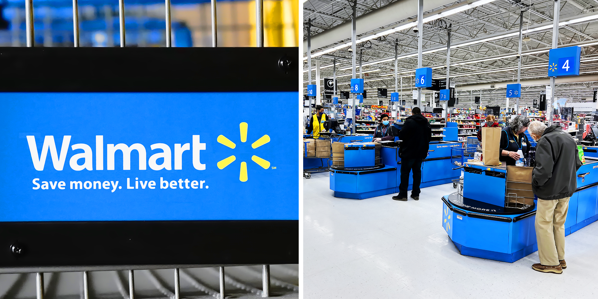 Walmart Logo, and people checking out items at the cashier