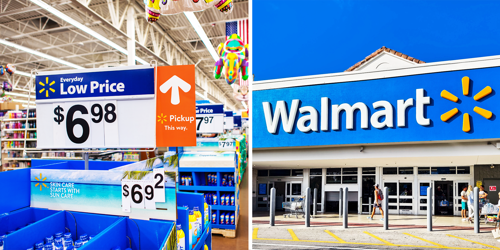 2 Panel images of Walmart store front and walmart price signages