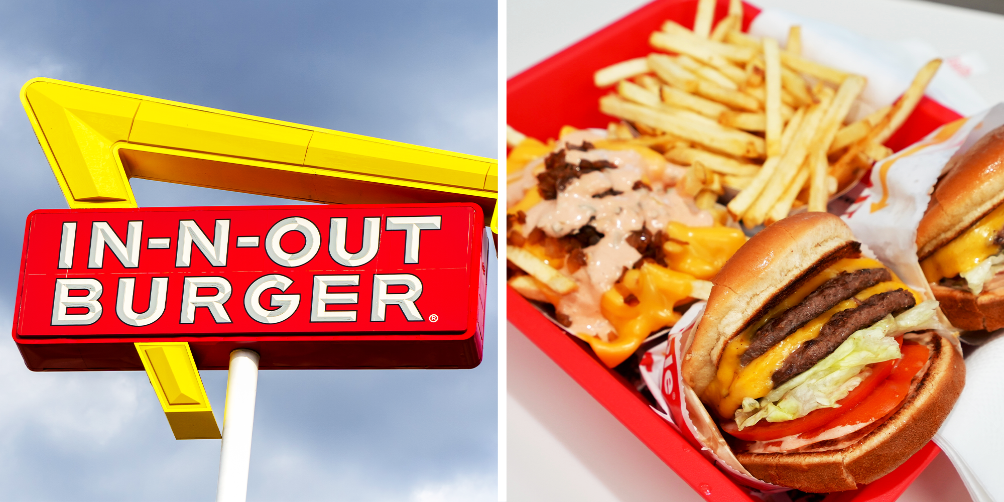 2 panel image of in-n-out burger logo and animal style burgers and fries