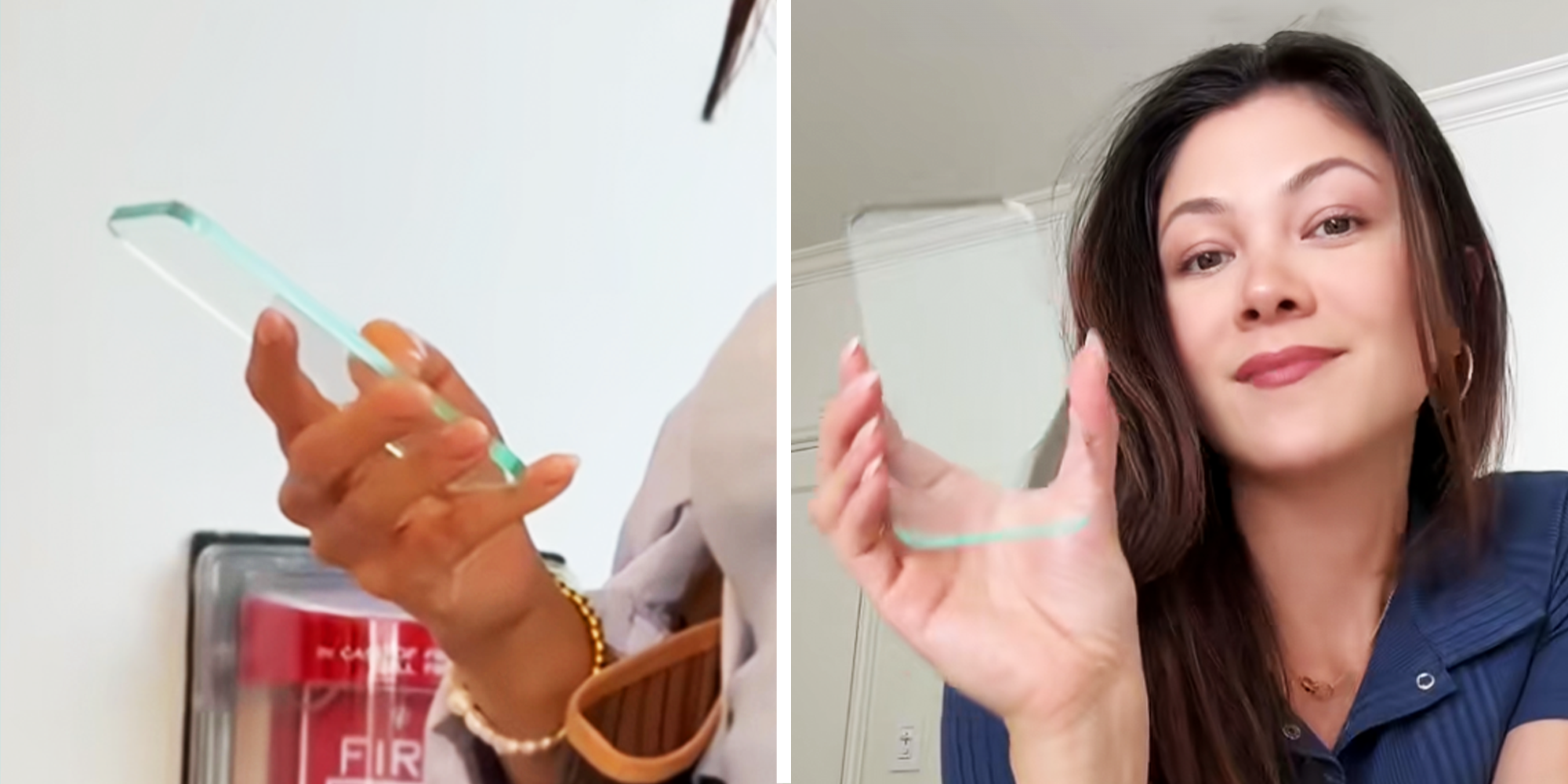 2 Panel Image, 2 Women holding transparent phone