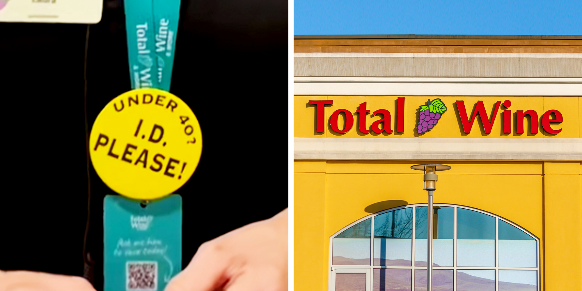 2 Panel Image of yellow circle tag on lanyard and Total Wine storefront