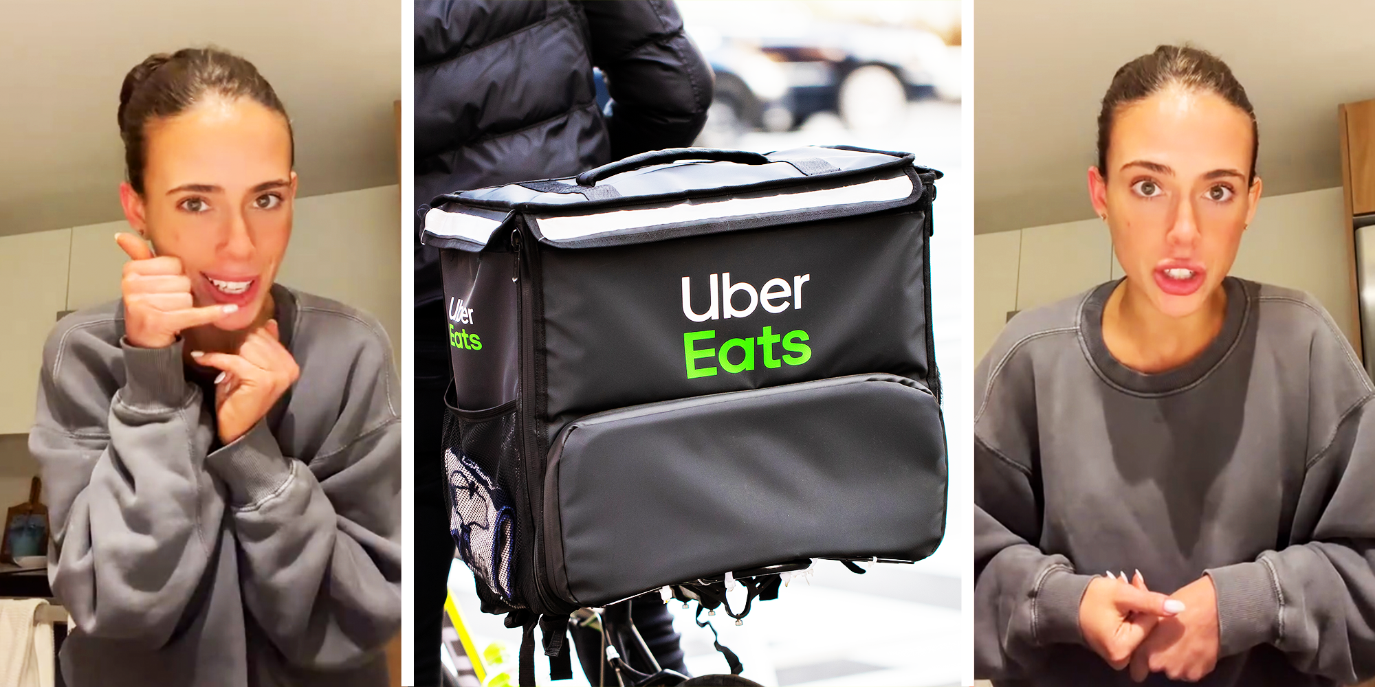 3 Panel image, Women in grey Hoodie and uber eats bag