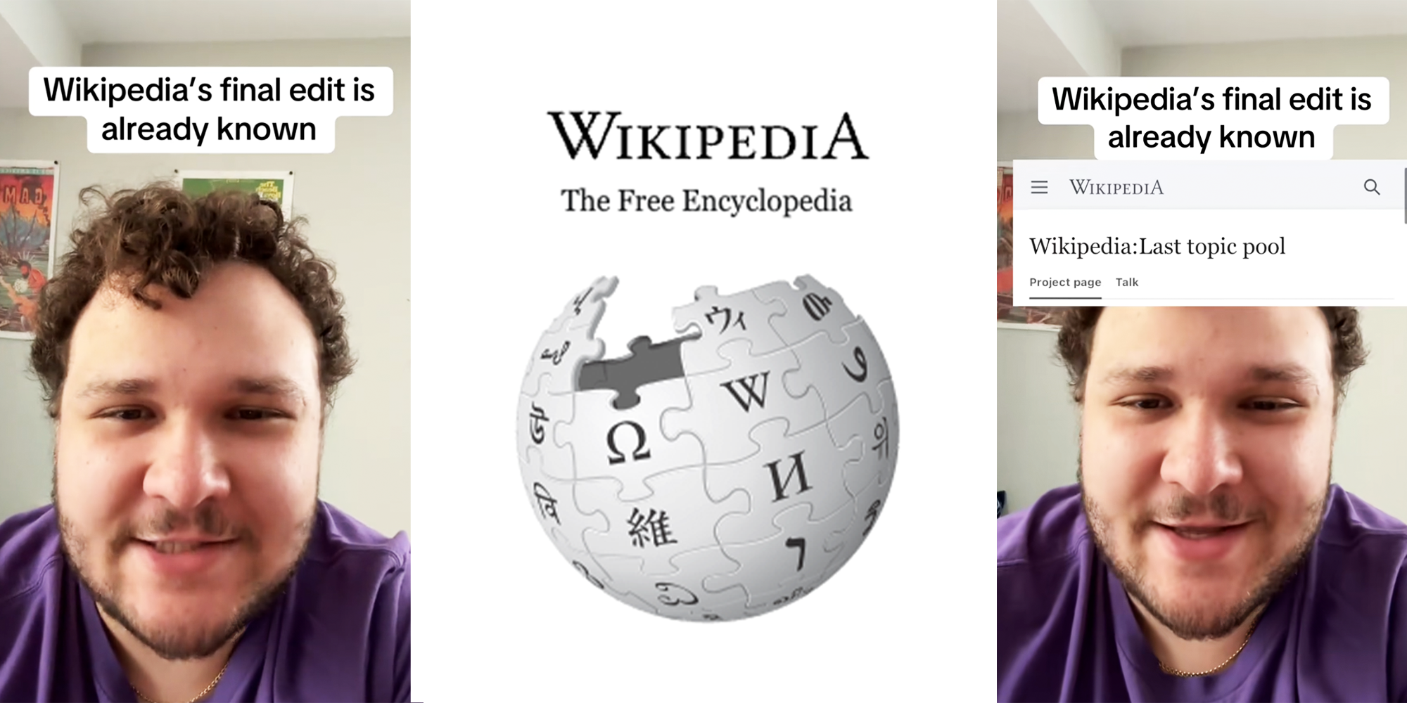 3 Panel Image of man in purple shirt and Wikipedia logo