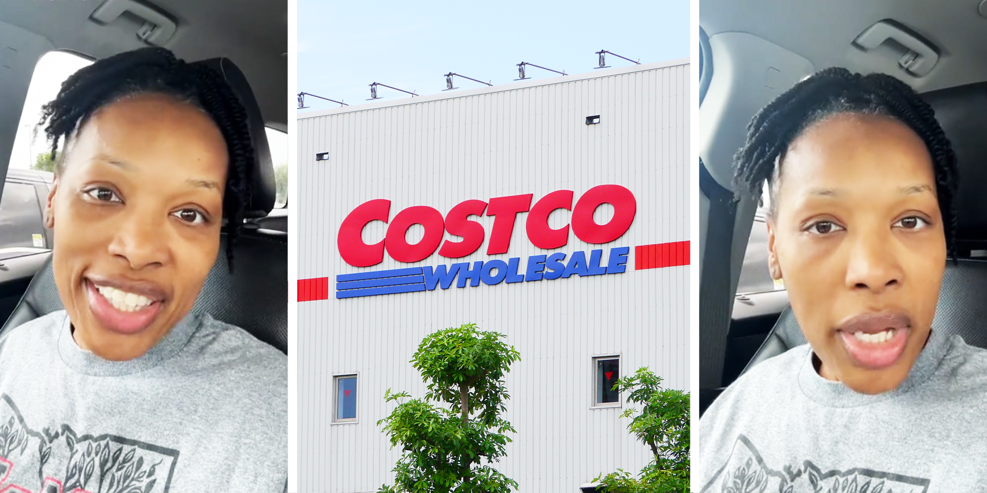 3 Panel Image, of woman in the car smiling, costco storefront and same woman talking