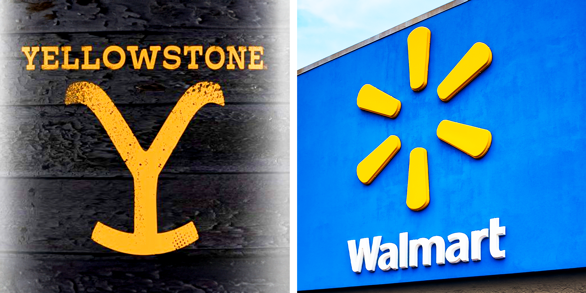 2 Panel image, Yellowstone logo on black background and Walmart logo