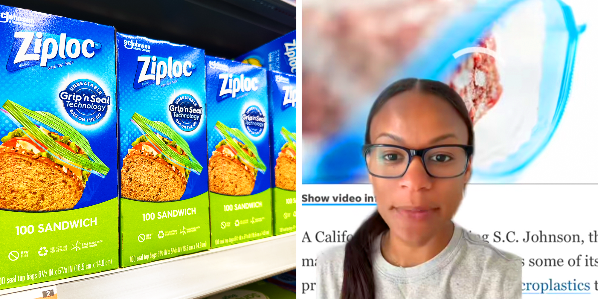 2 panel image ziploc bag on shelf and woman with glasses in front of a news article