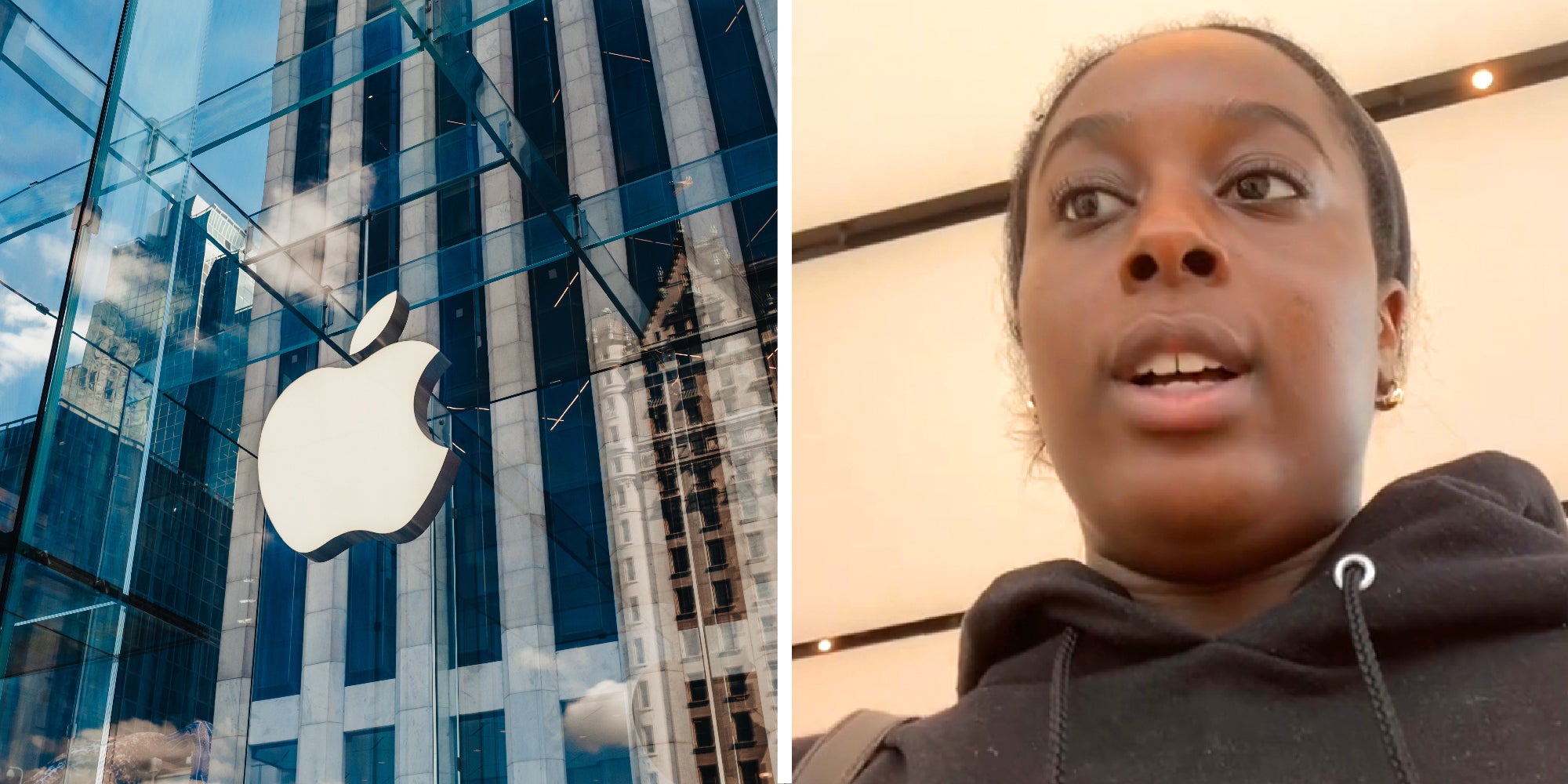 A two panel image: on the left is the exterior of a typical Apple brand store, on the right a person explains.