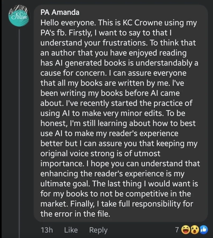 Screenshot of a Facebook post claiming to be from K.C. Crown admitting to and explaining generative AI use in her books.
