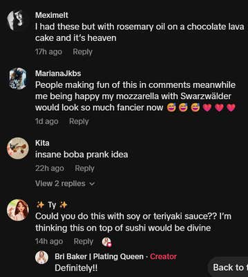 Balsamic pearls TikTok comments including one reading "Could you do this with soy or teriyaki sauce?? I’m thinking this on top of sushi would be divine"
