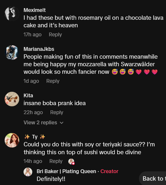 Balsamic pearls TikTok comments including one reading 'Could you do this with soy or teriyaki sauce?? I’m thinking this on top of sushi would be divine'