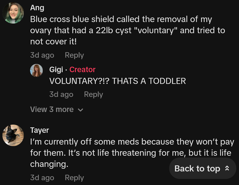 TikTok comments including one reading 'Blue cross blue shield called the removal of my ovary that had a 22lb cyst 'voluntary' and tried to not cover it!'