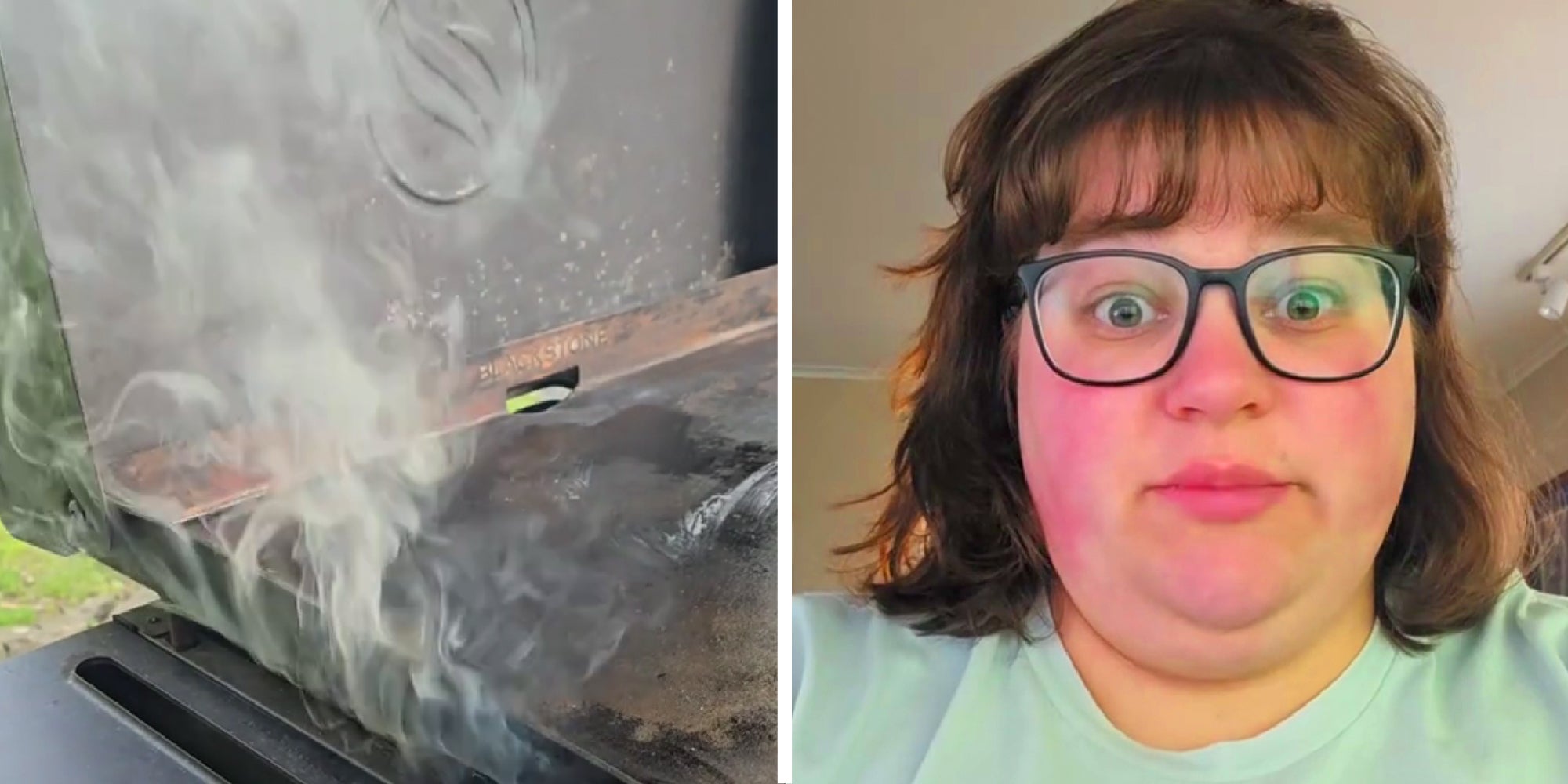 two panel image: of a Blackstone grill emitting large clouds of smoke and a person looking stunned.