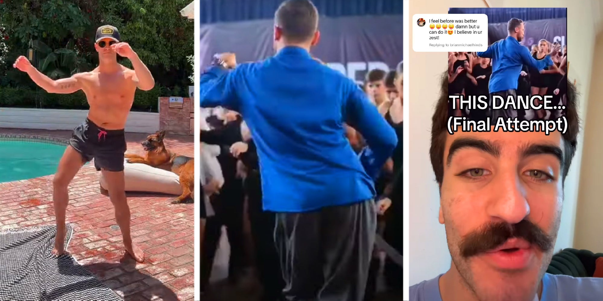 3 panel image of the Blue Shirt Guy dance trend.