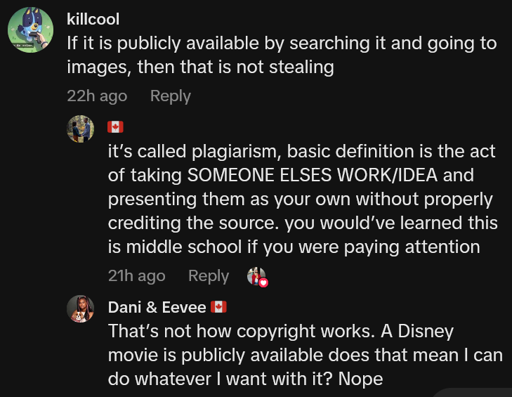 TikTok comment reading 'If it is publicly available by searching it and going to images, then that is not stealing' and replies.