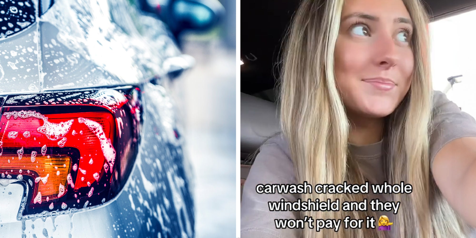 2 panel image of a car in a car wash and a person sitting in the front seat.