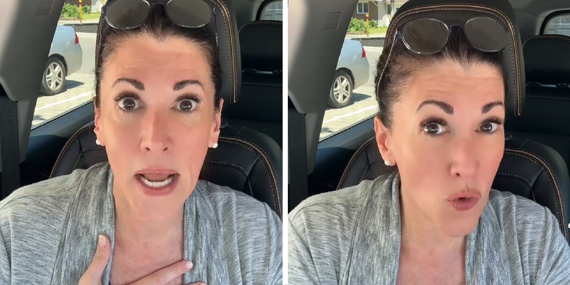 two panel image of a person explaining in their car.