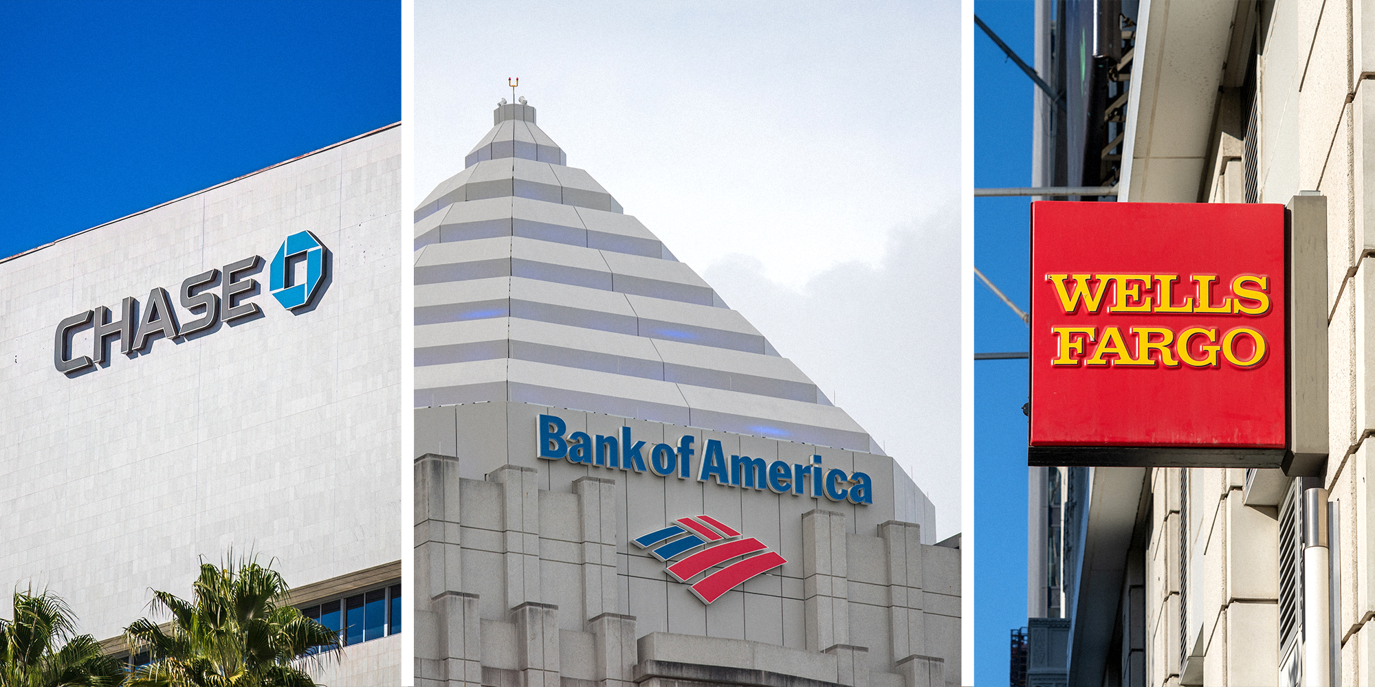 3 panel image. Chase bank on left. Bank of America in center. Wells Fargo on right.