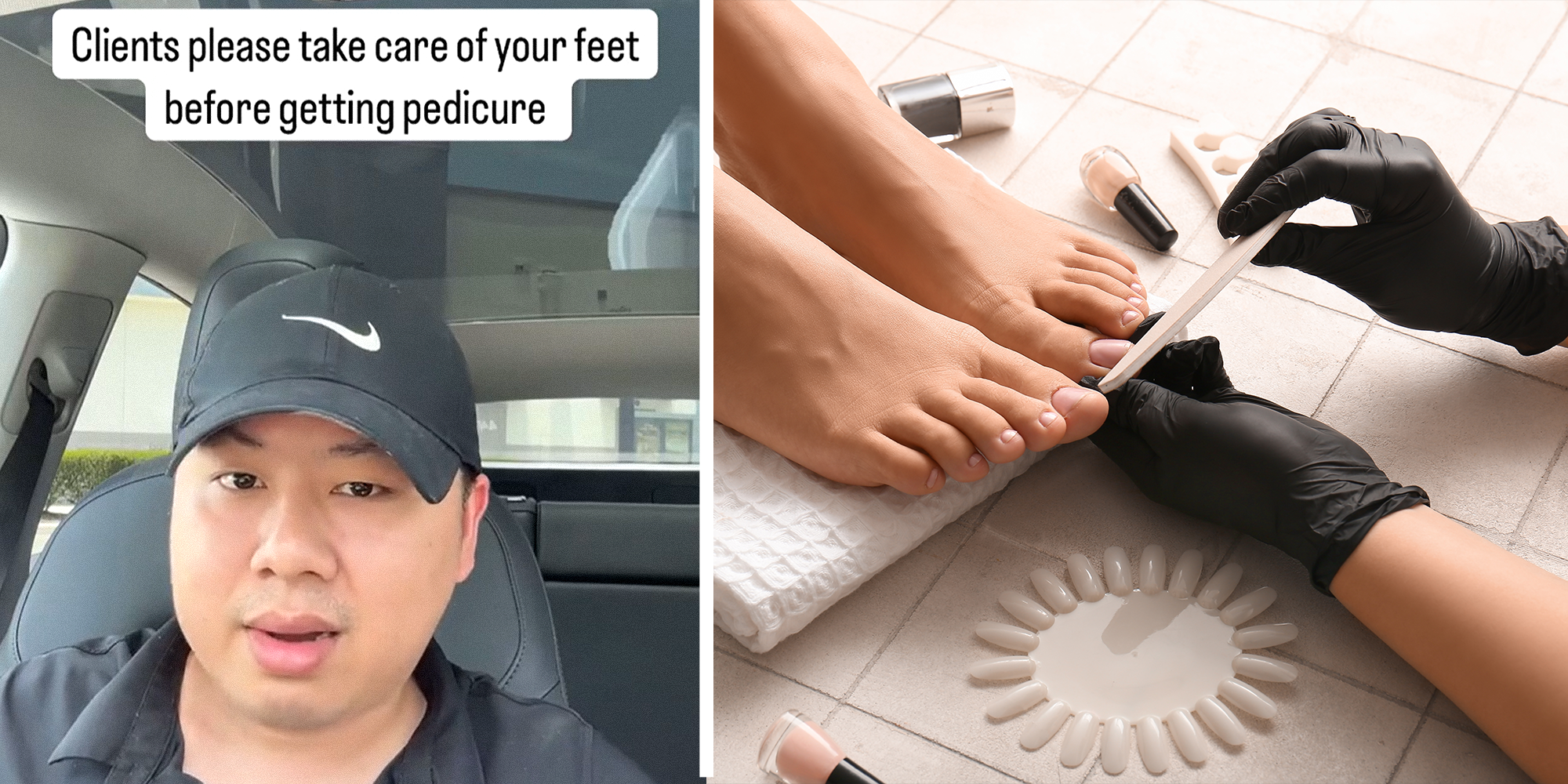 2 panel image. Man sitting in car with caption that reads: 'Clients please take care of your feet before getting pedicure' on left. Feet getting pedicure on right.