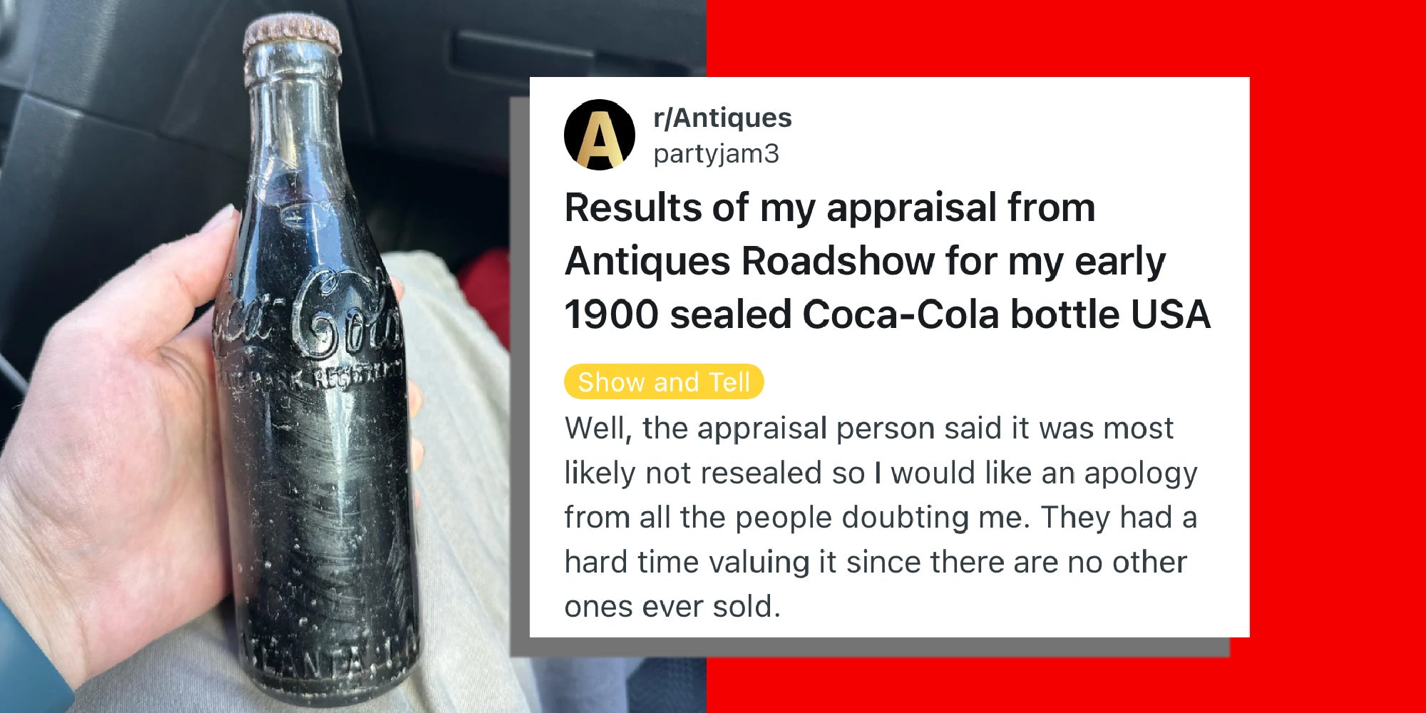 An image of a hand holding a very old glass bottle of Coca Cola with a Reddit thread overlaid on it.