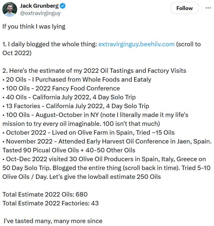 Tweet reading 'If you think I was lying 1. I daily blogged the whole thing: http://extravirginguy.beehiiv.com (scroll to Oct 2022) 2. Here's the estimate of my 2022 Oil Tastings and Factory Visits • 20 Oils - I Purchased from Whole Foods and Eataly • 100 Oils - 2022 Fancy Food Conference • 40 Oils - California July 2022, 4 Day Solo Trip • 13 Factories - California July 2022, 4 Day Solo Trip • 100 Oils - August-October in NY (note I literally made it my life's mission to try every oil imaginable. 100 isn't that much) • October 2022 - Lived on Olive Farm in Spain, Tried ~15 Oils • November 2022 - Attended Early Harvest Oil Conference in Jaen, Spain. Tasted 90 Picual Olive Oils + 40-50 Other Oils • Oct-Dec 2022 visited 30 Olive Oil Producers in Spain, Italy, Greece on 50 Day Solo Trip. Blogged the entire thing (scroll back in time). Tried 5-10 Olive Oils / Day. Let's give the lowball estimate 250 Oils Total Estimate 2022 Oils: 680 Total Estimate 2022 Factories: 43 I've tasted many, many more since'