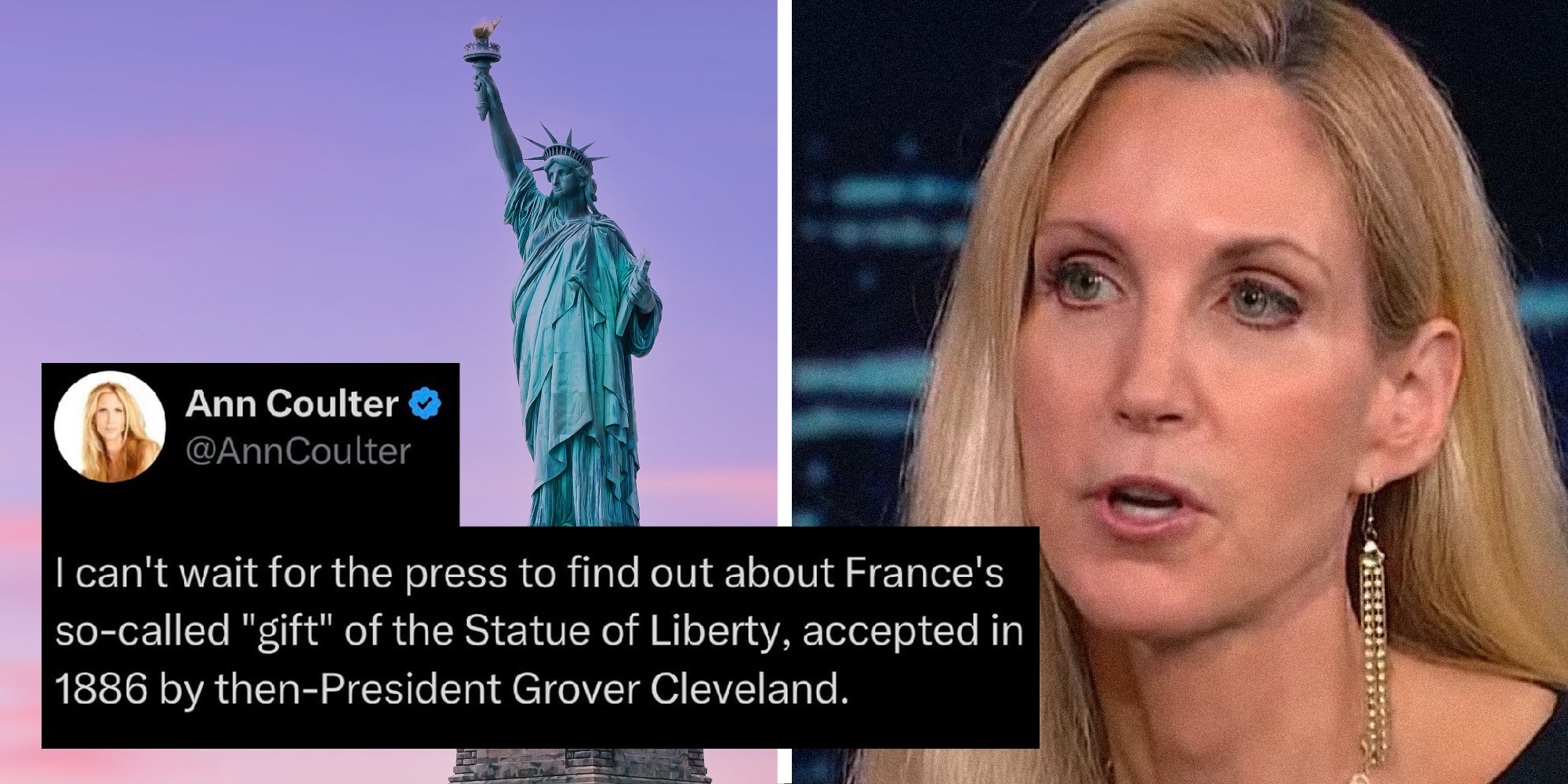 2 panel image: of the statue of liiberty and Ann Coulter, overlaid with a tweet from Coulter.