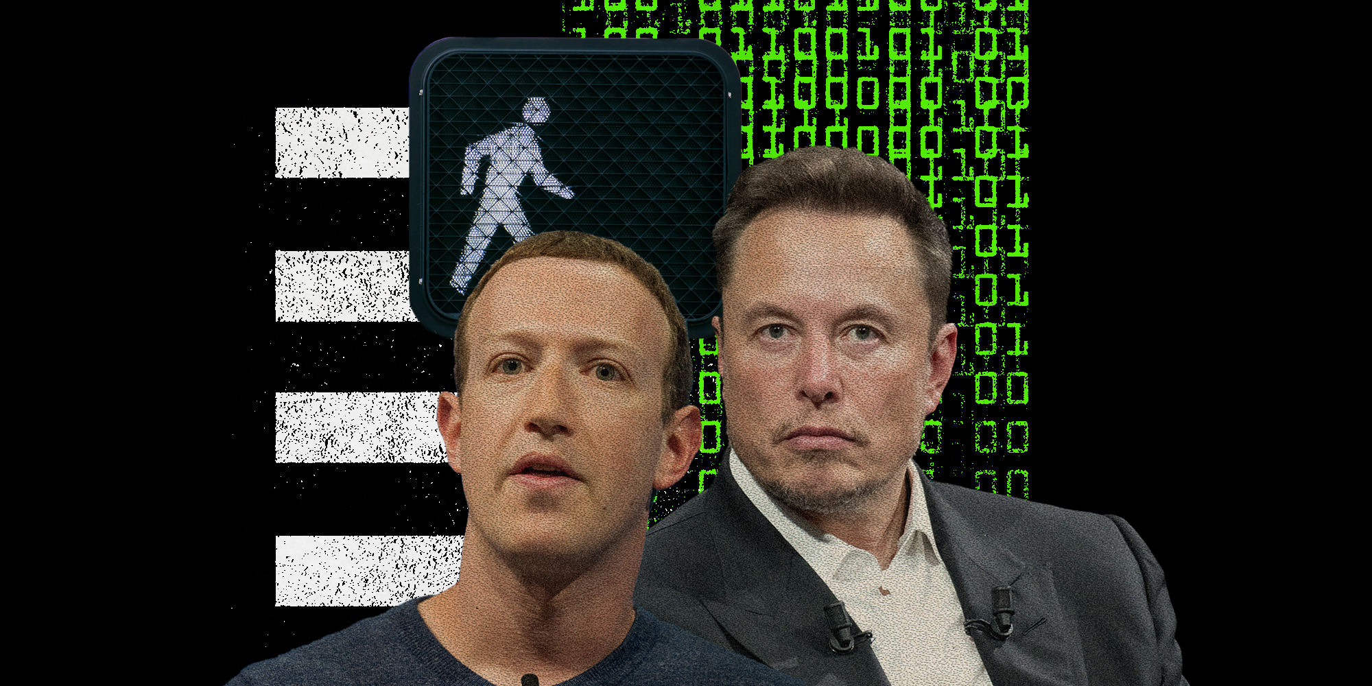 Mark Zuckerberg and Elon Musk with crosswalk, crossing sign, and 0's and 1's behind them.