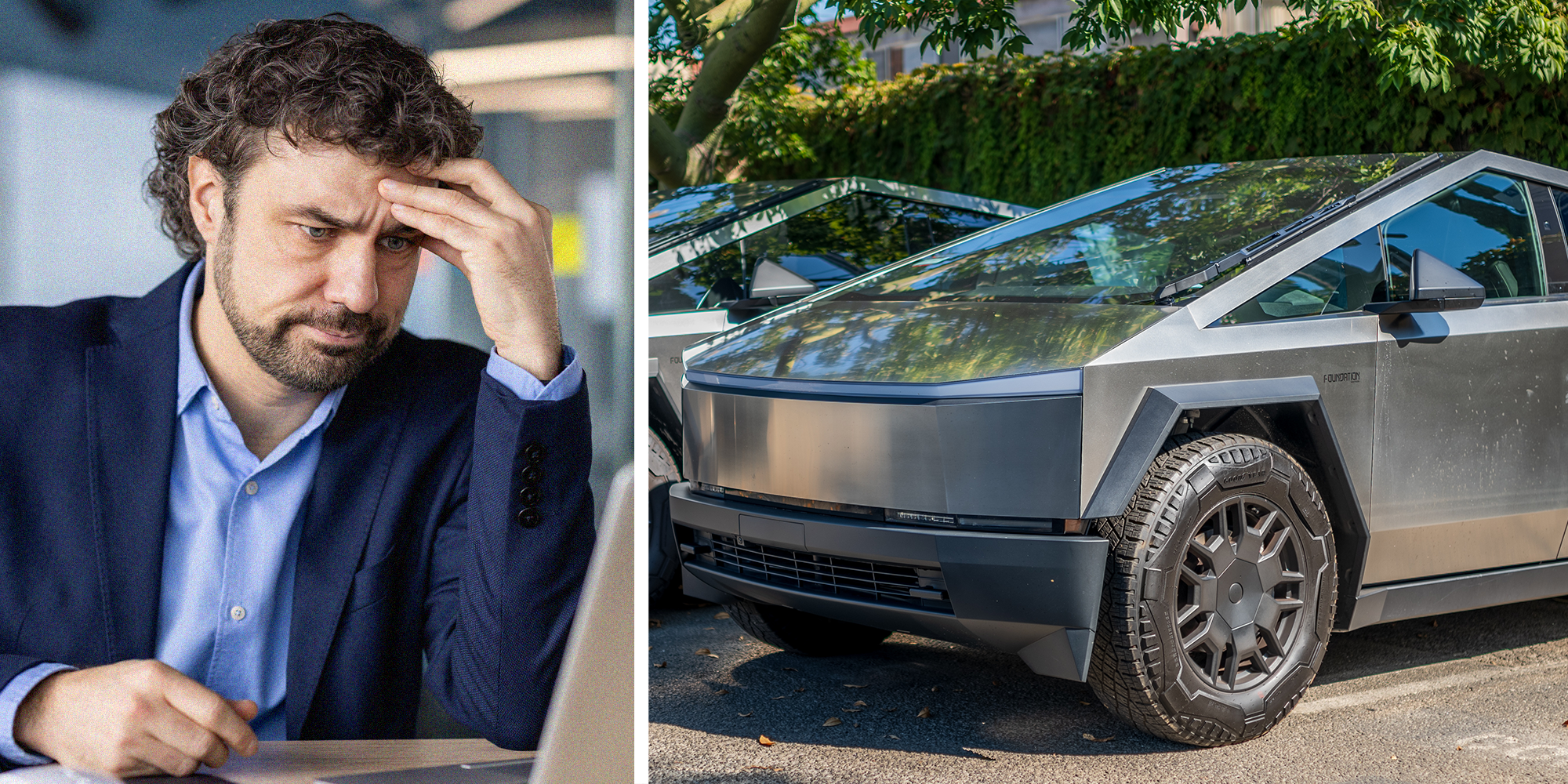 frustrated man and a cybertruck: cybertruck resell fees