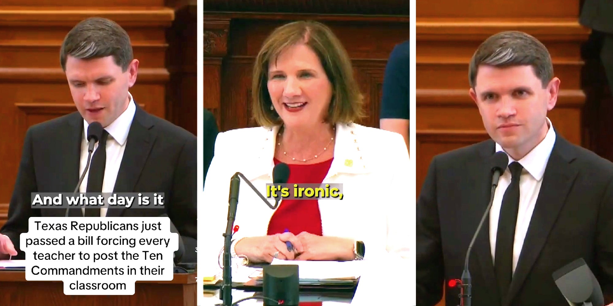 3 panel image of the incident mentioned. Text over: Texas Republicans just passed a bill forcing every teacher to post the Ten Commandments in their classroom.