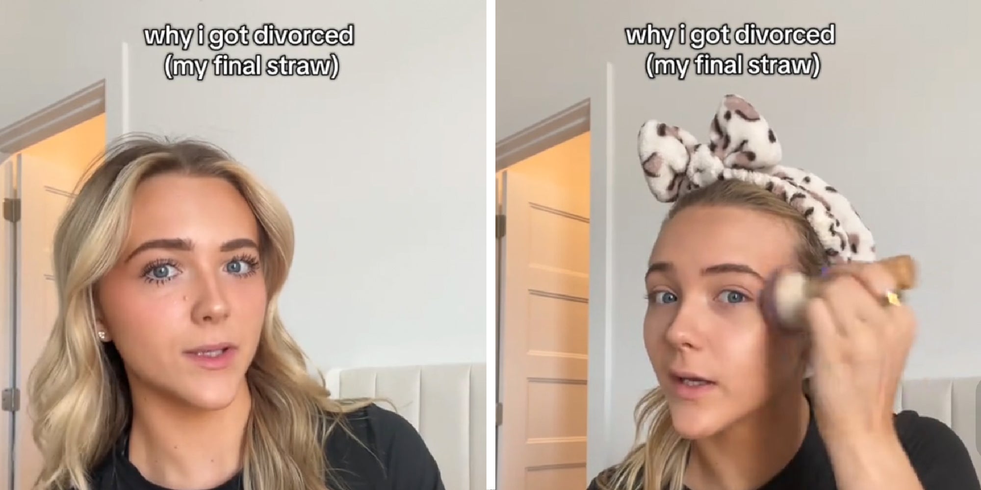 2 panel image of a person putting on makeup and telling their story.