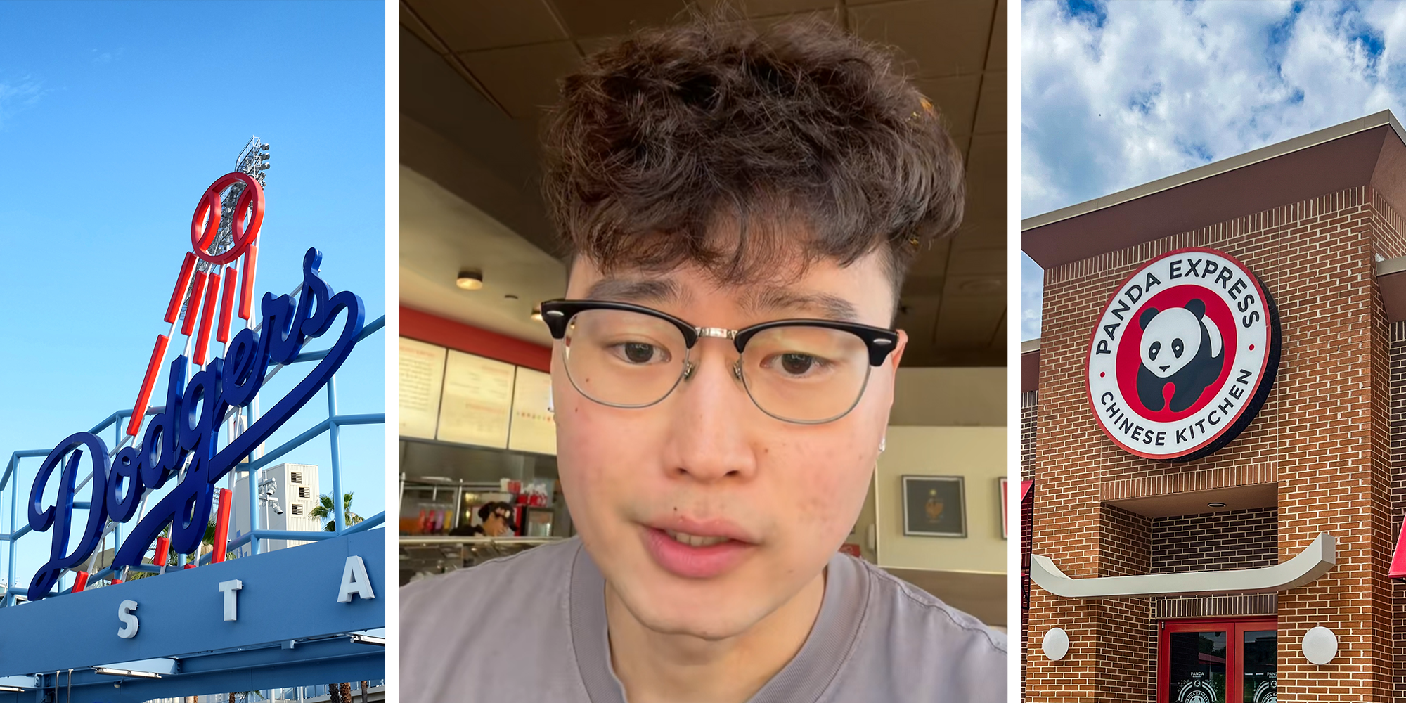 3 panel image. Dodgers sign on left. Man at Panda Express in center. Panda Express restaurant on left.