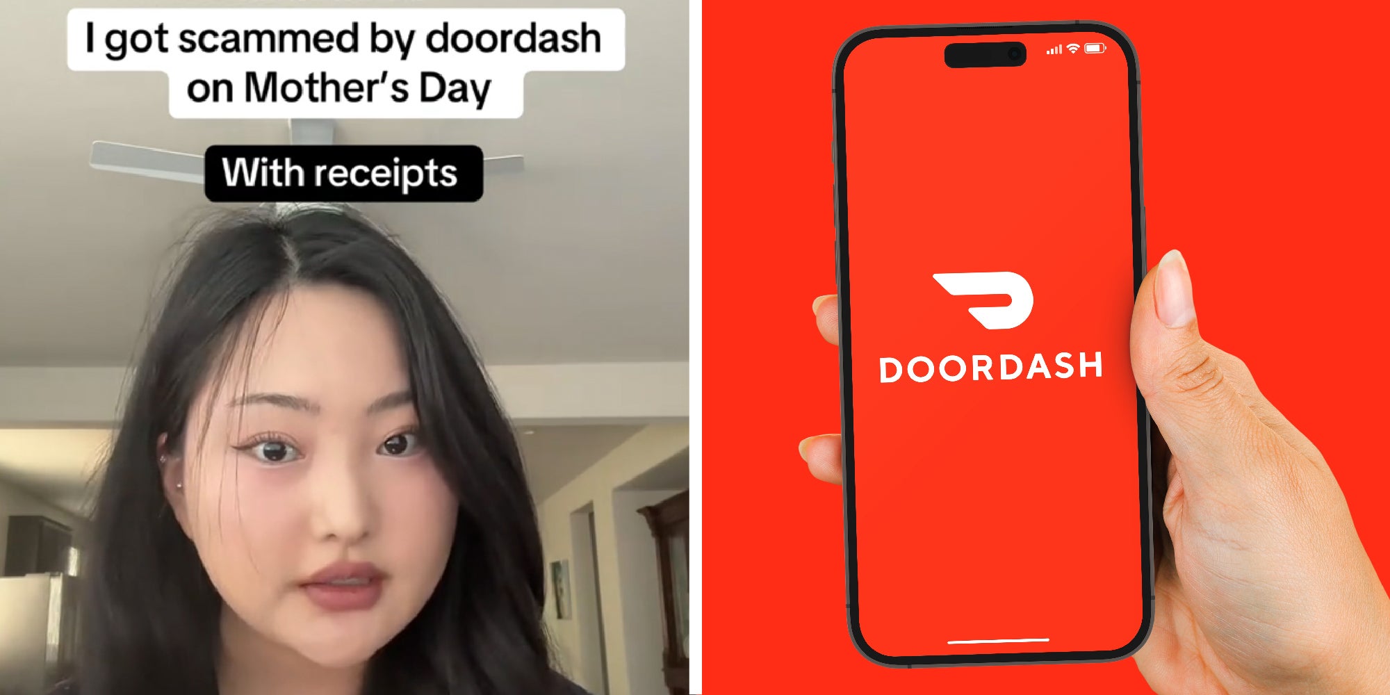2 panel image: a person explains on TikTok and a hand holds a phone with the Door Dash logo displayed.