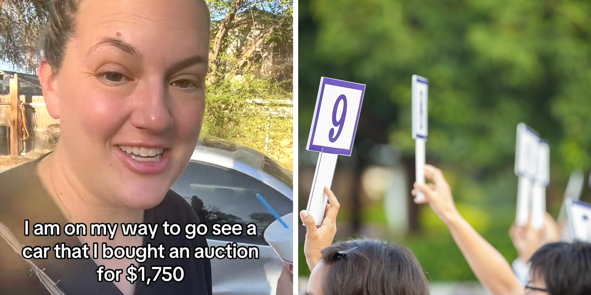 2 panel image. Woman smiling with caption that reads: 'I am on my way to go see a car that I bought an auction for $1,750' on left. Paddles being raised at auction on right.