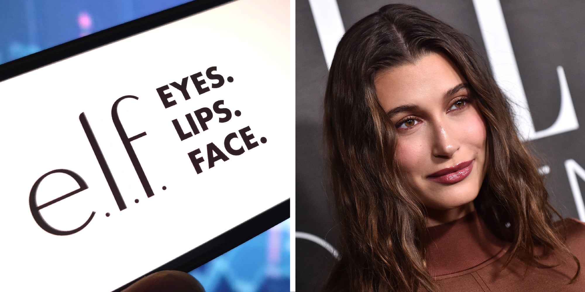 2 panel image showing the e.l.f. logo and Hailey Bieber.