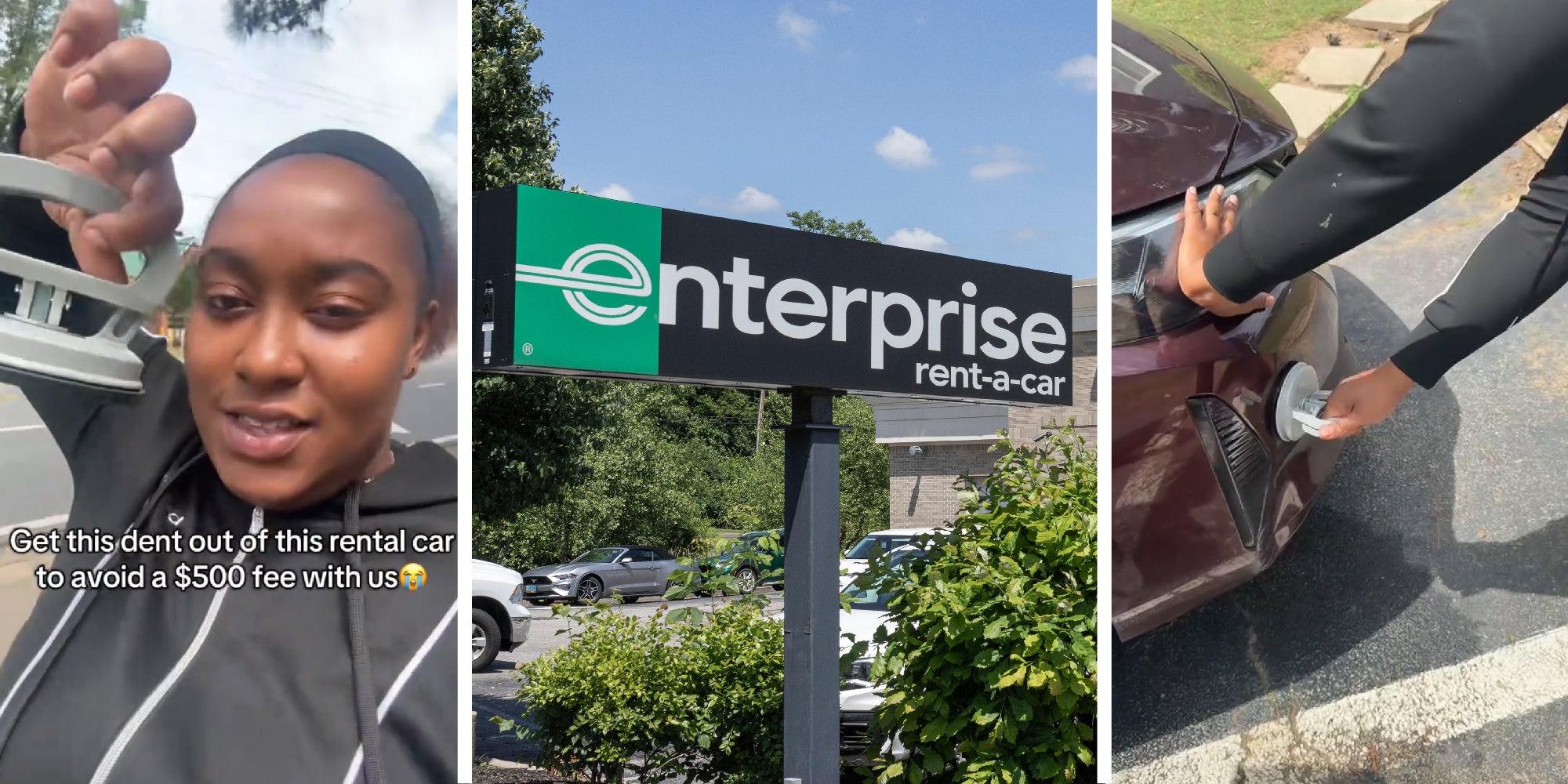 3 panel image of a person fixing a dent and the Enterprise rent-a-car sign.
