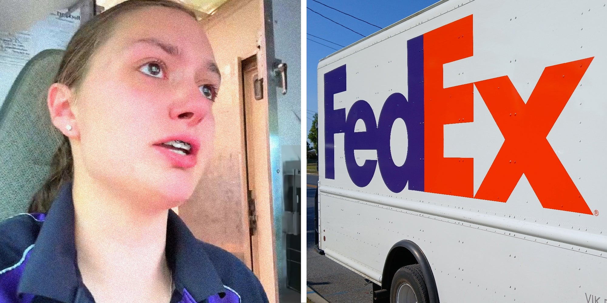 2 panel image: on the left a person explains with tears in their eyes, on the right is the exterior of a typical Fed Ex truck.