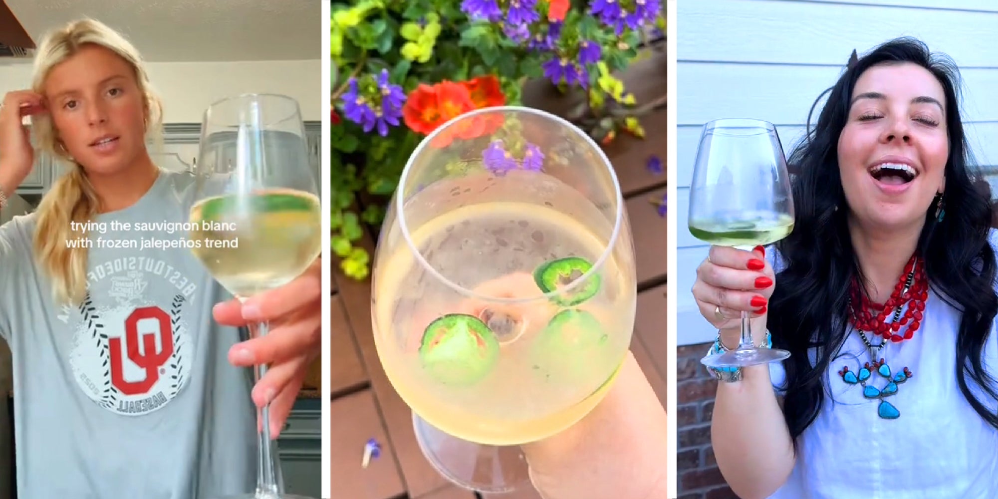 3 panel image showing 3 different people enjoying frozen jalapenos in sauvignon blanc wine.