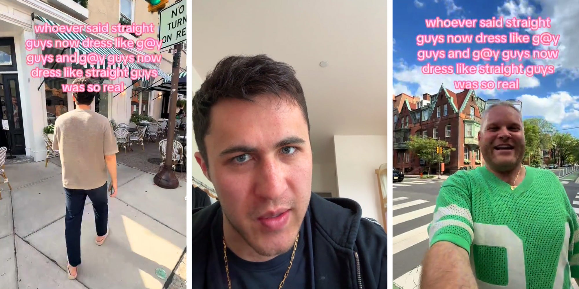 3 panel image of examples of the trend - gay guys dress like straight guys and vice versa.