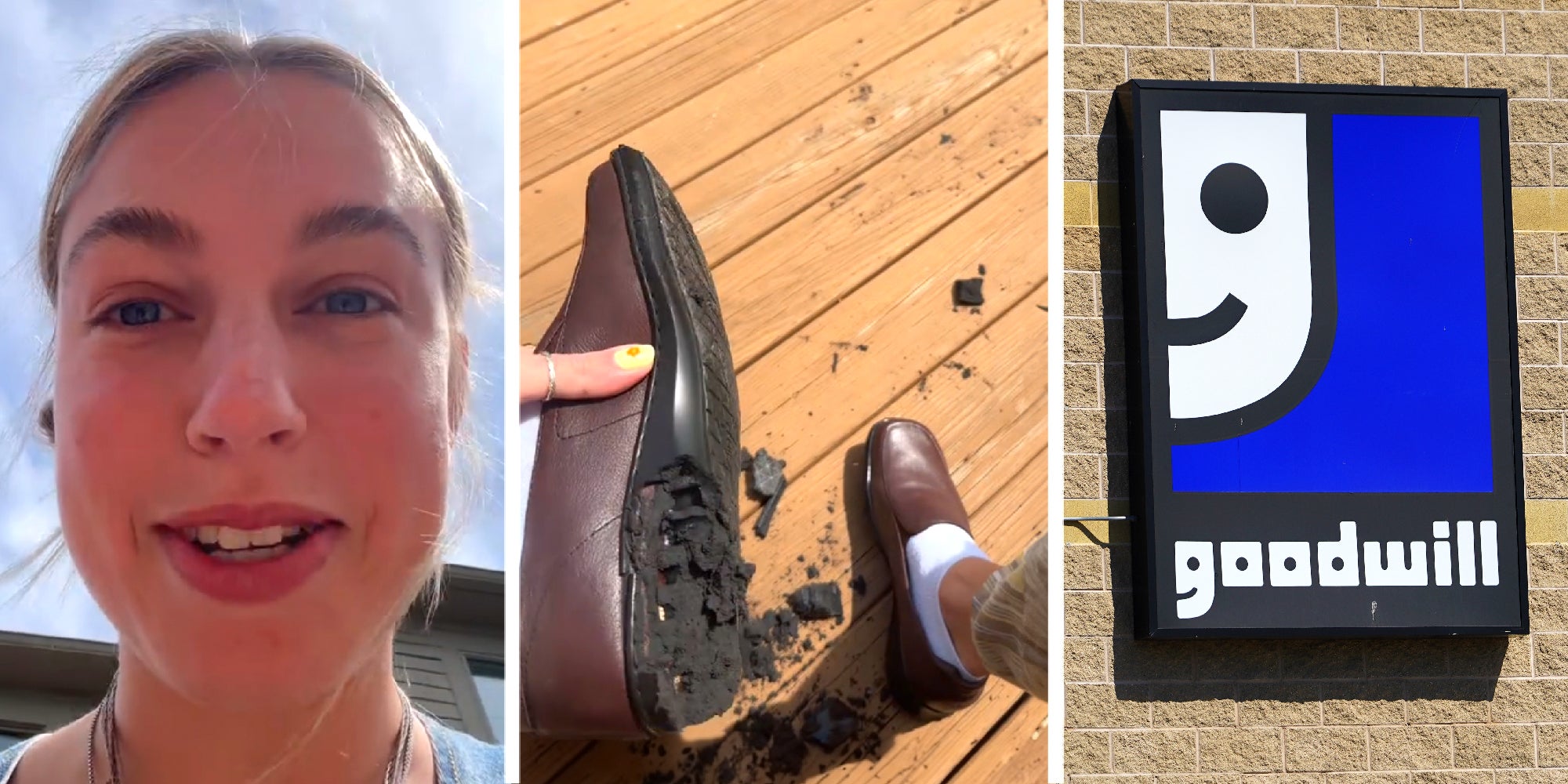 3 panel image showing a person explaining, shoes falling apart, and the Goodwill brand logo.