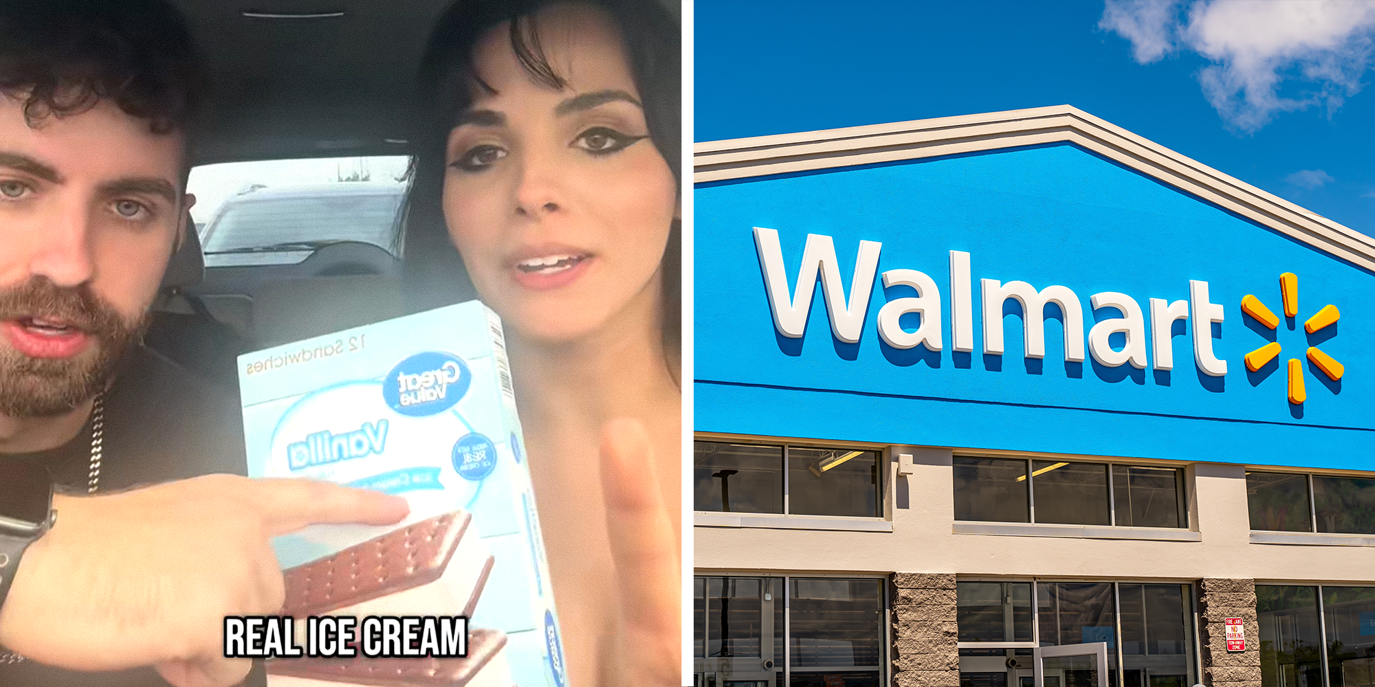 2 panel image. Couple in car with ice cream sandwich box and caption that reads: 'Real ice cream' on left. Walmart on right.