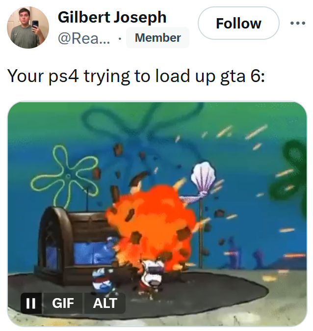 GTA 6 Trailer 2 tweet reading 'Your ps4 trying to load up gta 6:'