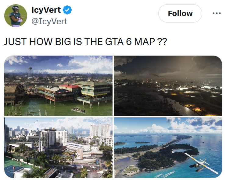 GTA 6 Trailer 2 tweet reading 'JUST HOW BIG IS THE GTA 6 MAP ??'