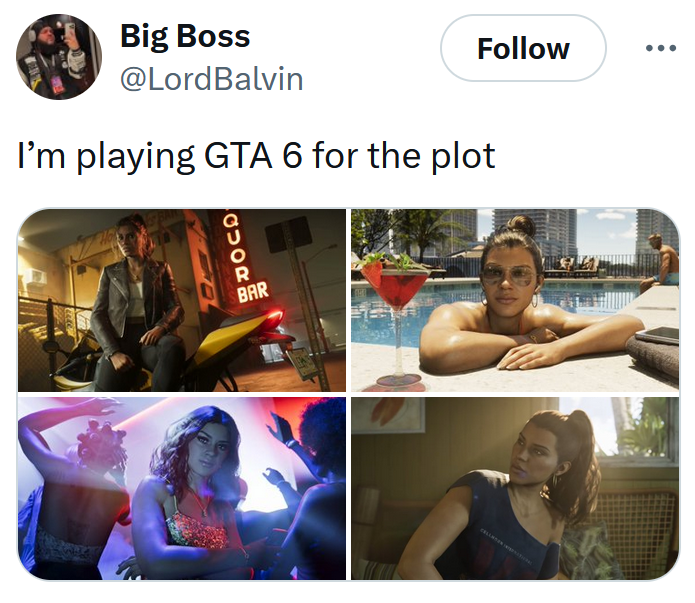 GTA 6 Trailer 2 tweet reading 'I’m playing GTA 6 for the plot'