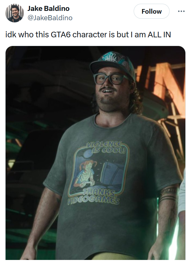 Tweet reading 'idk who this GTA6 character is but I am ALL IN'